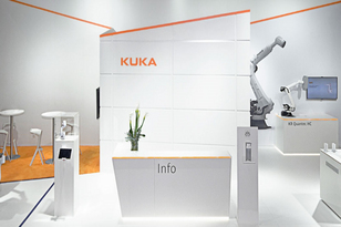 Front view of KUKA's booth at Medica 2021 in Düsseldorf, Germany